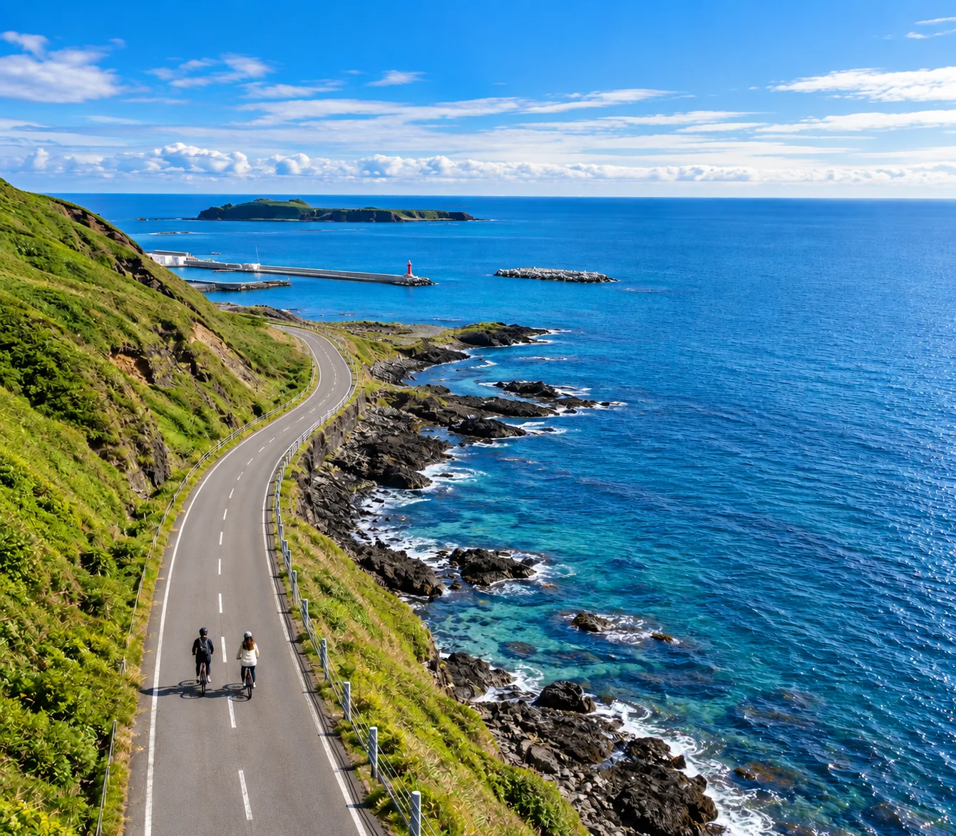 礼文島の海沿いの道をサイクリングするふたり